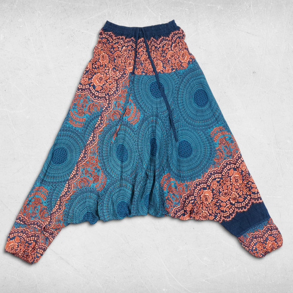 Harem Pants Womens One Size Green Floral Geometric Elastic Waist Boho Buddha - Picture 1 of 8